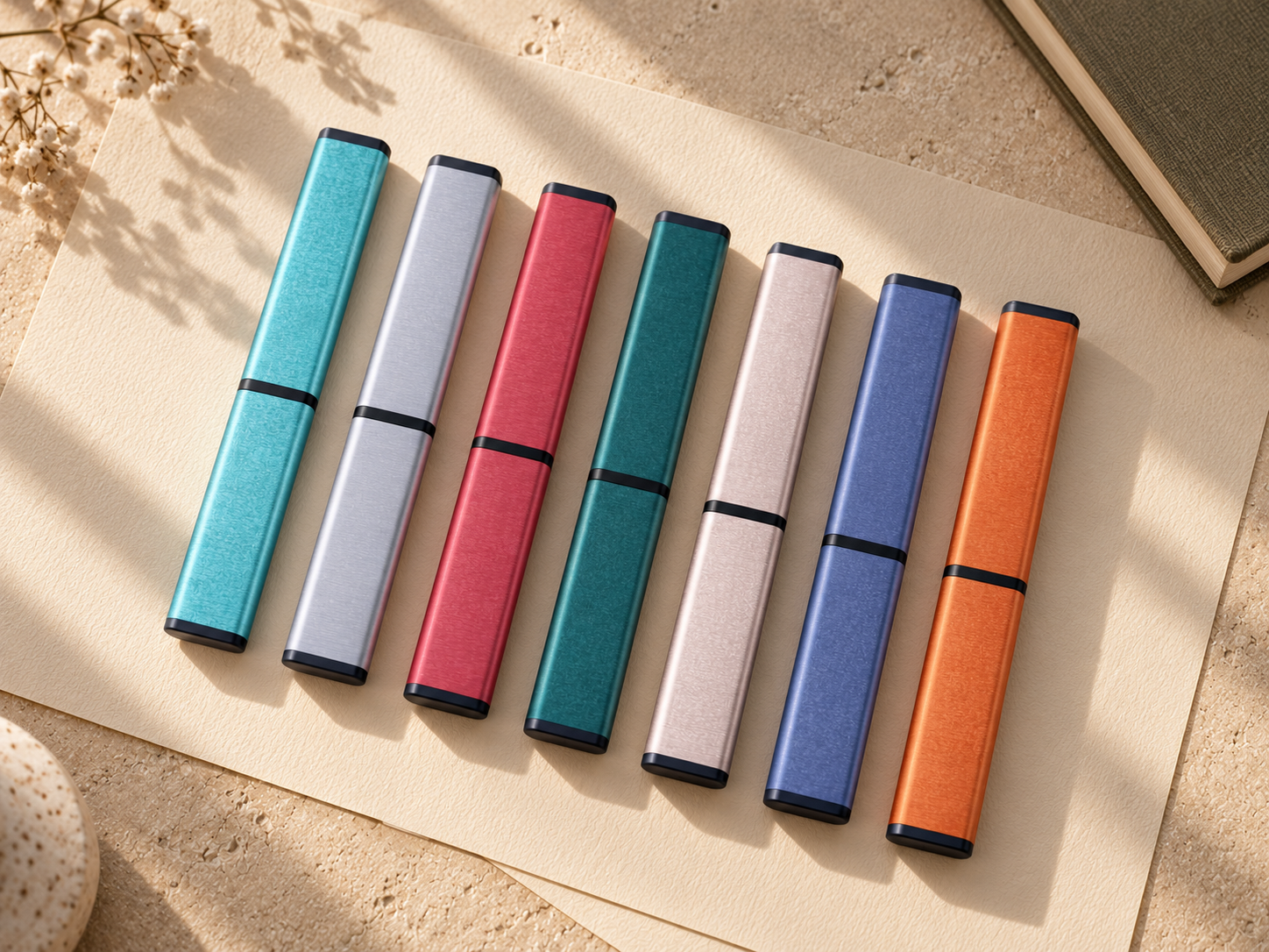 Seven colorful aluminum pen cases arranged on ivory paper in warm sunlight