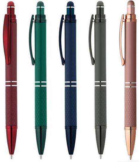 Five colorful metal ballpoint pens